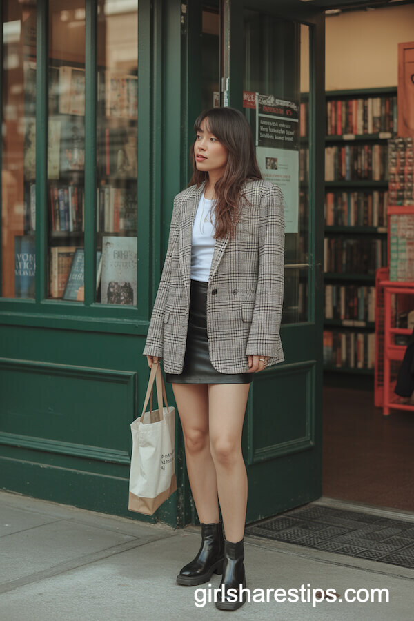 Plaid Blazer and Black Mini Skirt Ensemble