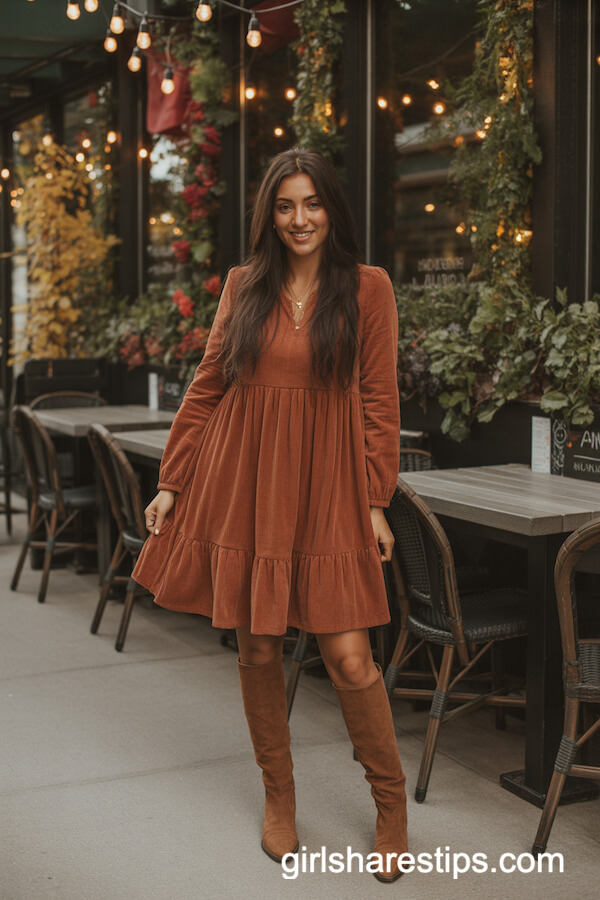 Rust Corduroy Dress with Knee-High Boots