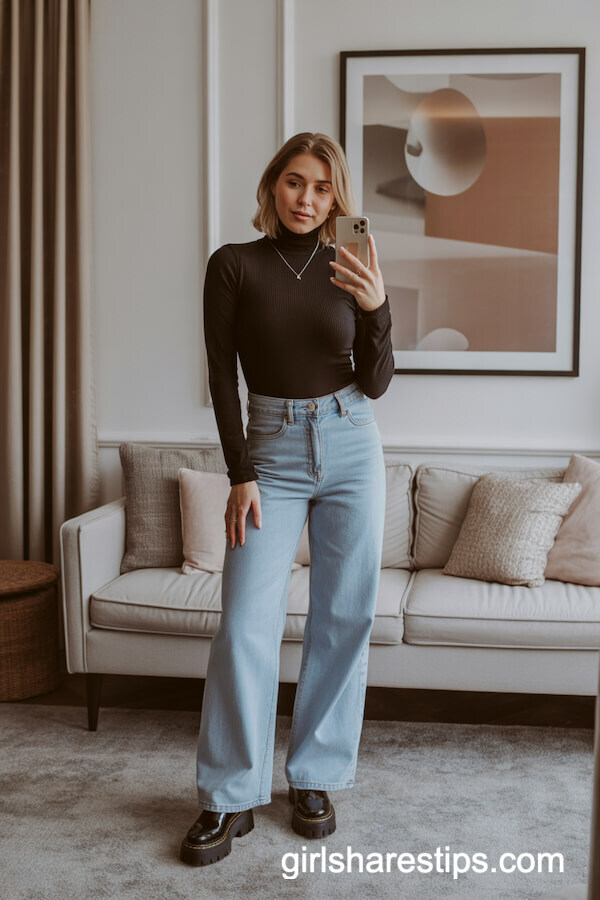 Black Turtleneck Bodysuit with Wide-Leg Jeans