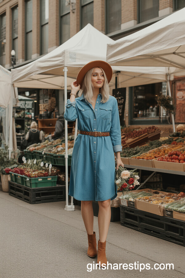 Belted Denim Shirt Dress Brown Boots