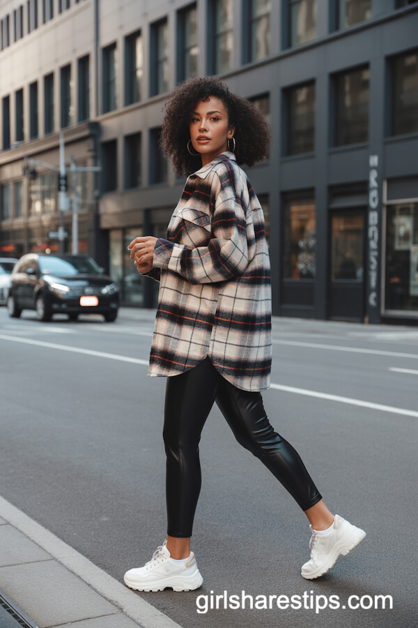 Oversized Plaid Flannel and Faux Leather Leggings