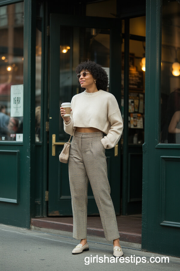 Cropped Cream Sweater and Checkered Trousers