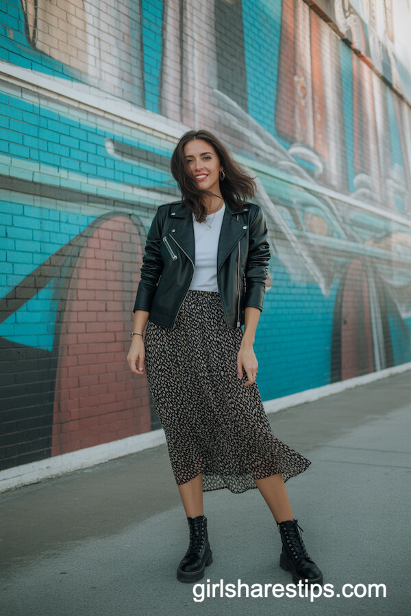 Black Leather Jacket with Printed Midi Skirt