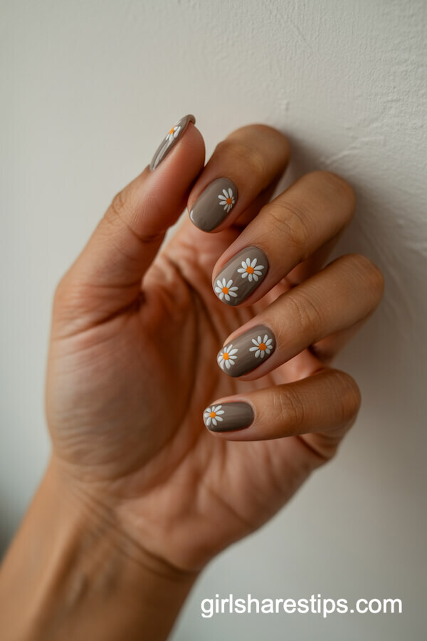 Taupe daisy squoval nails