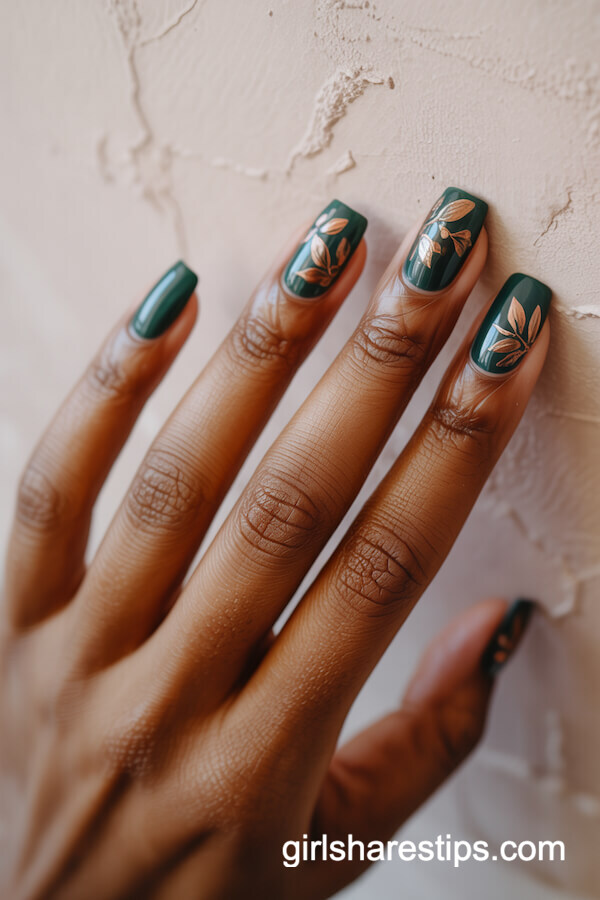 Hunter green autumn floral square nails