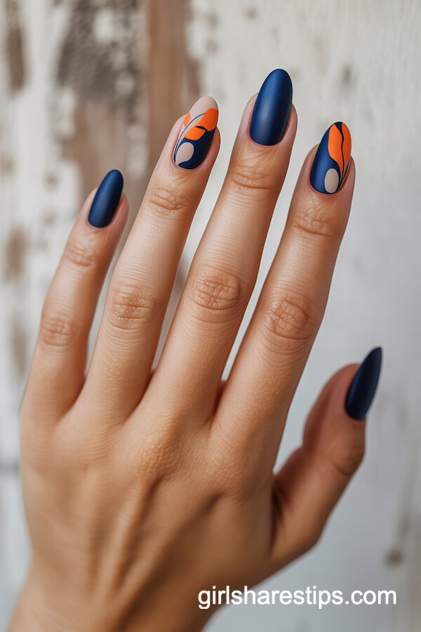 Navy floral almond nails