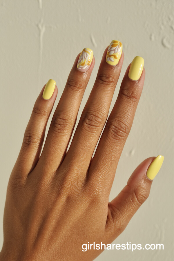Pale yellow faded floral squoval nails