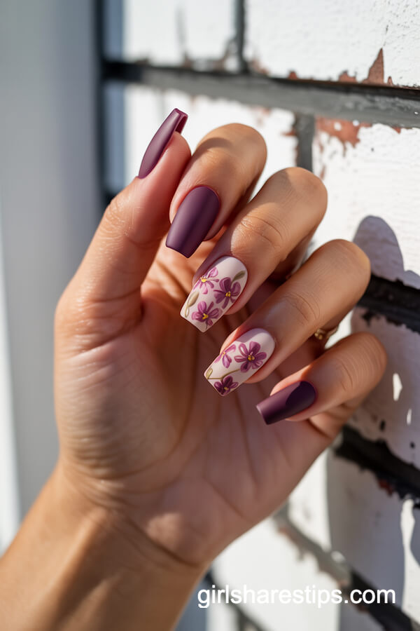 Matte plum floral coffin nails