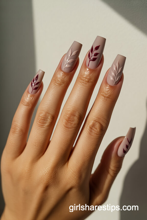 Burgundy botanical coffin nails