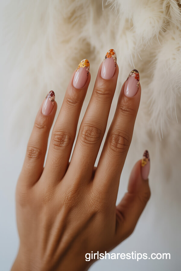Floral French tip almond nails
