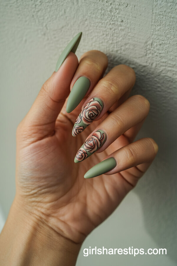 Sage green vintage rose stiletto nails