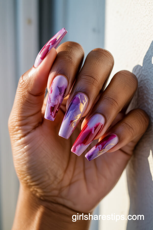 Watercolor floral coffin nails