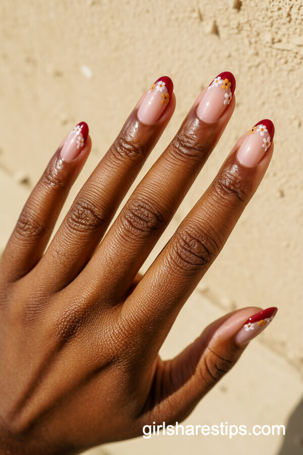 French tip floral oval nails
