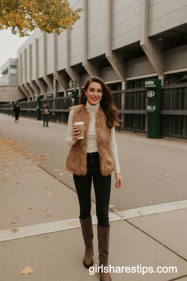 Cream Turtleneck with Faux Fur Vest