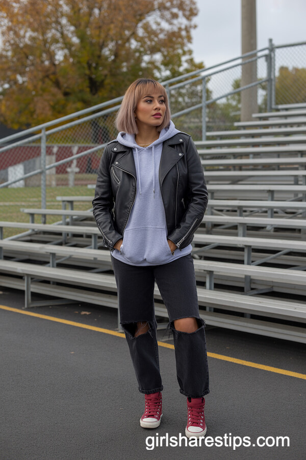 Black Leather Moto Jacket with Ripped Jeans