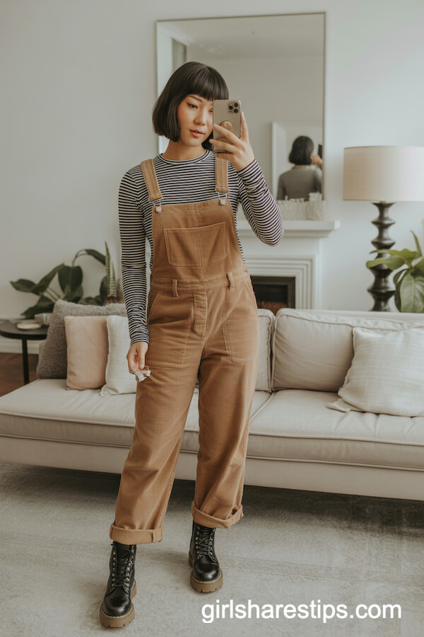 Tan Corduroy Overalls with Combat Boots