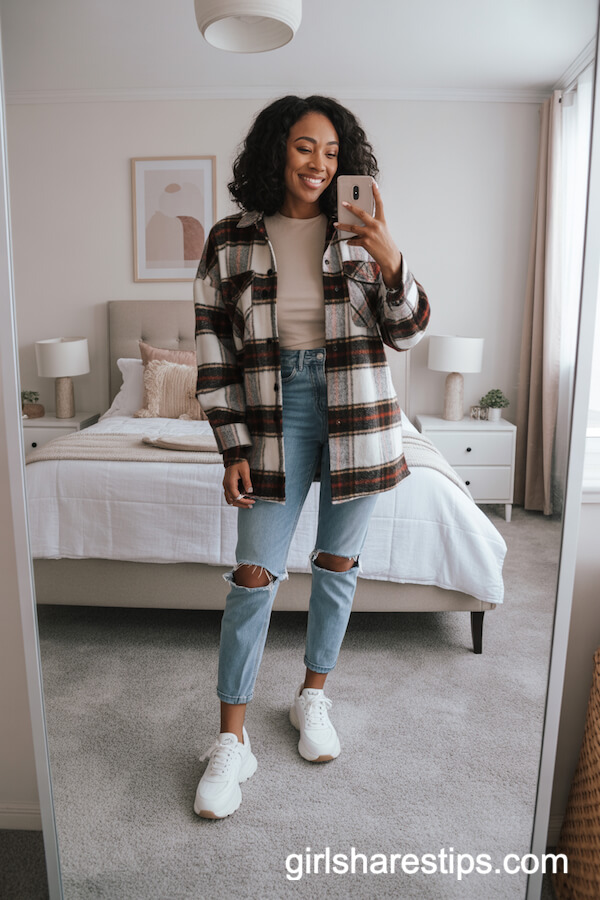 Plaid Shacket with Distressed Skinny Jeans