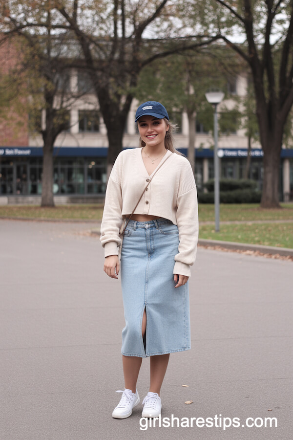 Cropped Cream Cardigan with Midi Jean Skirt