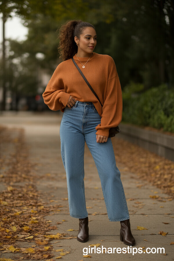 Oversized Burnt Orange Sweater and Jeans