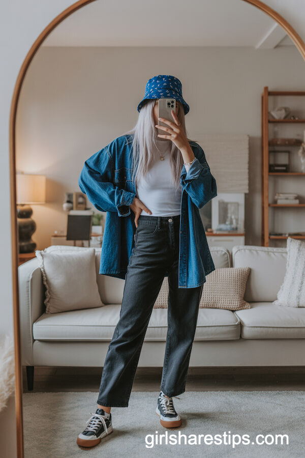 Oversized Denim Jacket with Straight-Leg Jeans