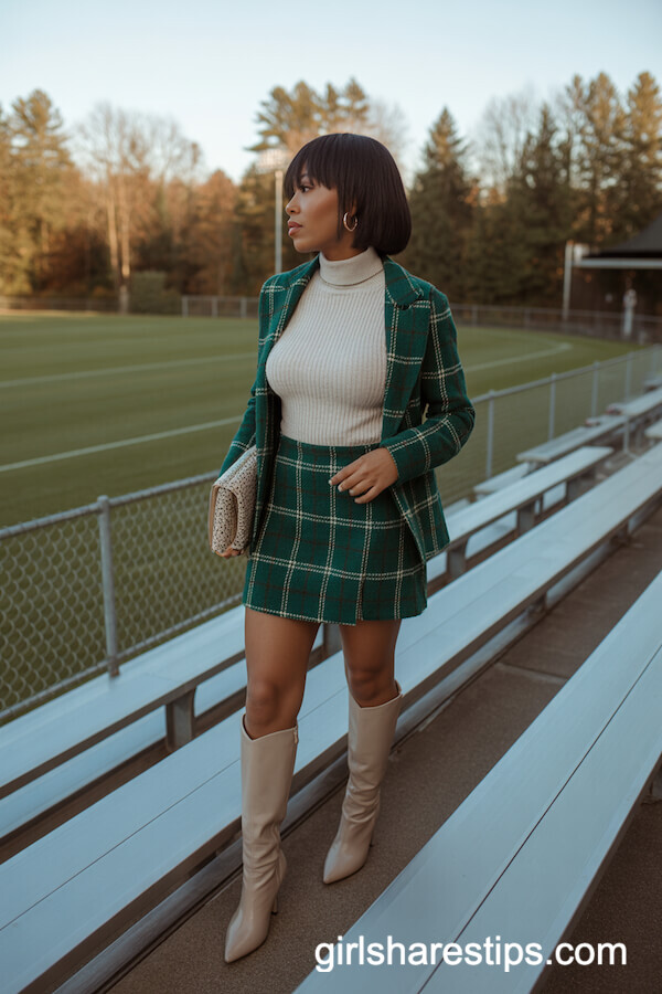 Green Plaid Mini Skirt with Knee-High Boots