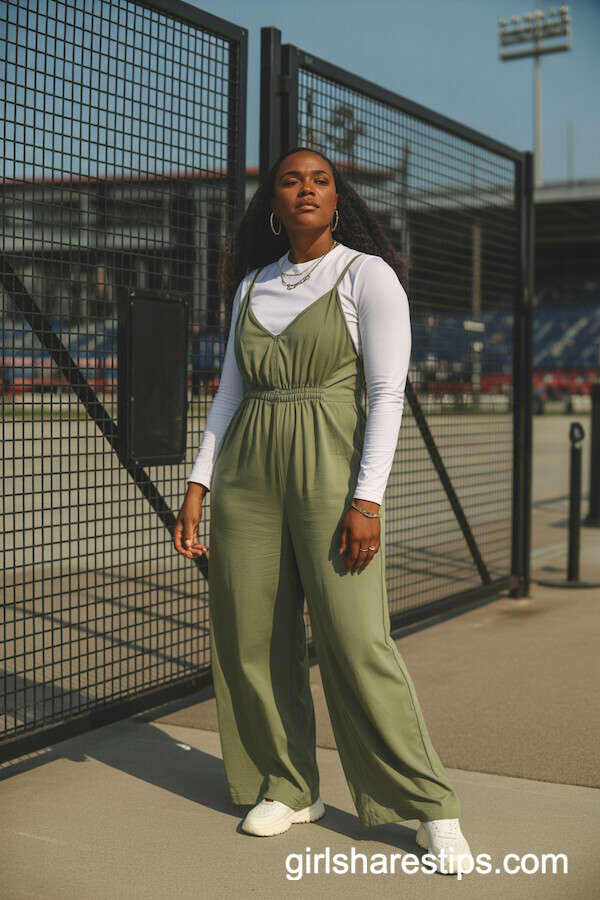 Olive Green Jumpsuit with White Sneakers