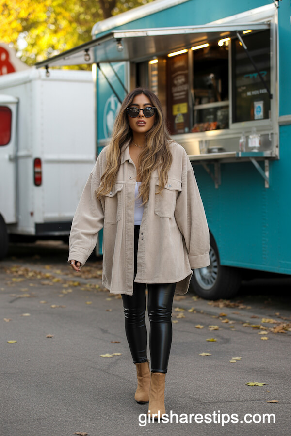 Beige Corduroy Shacket with Faux Leather Leggings