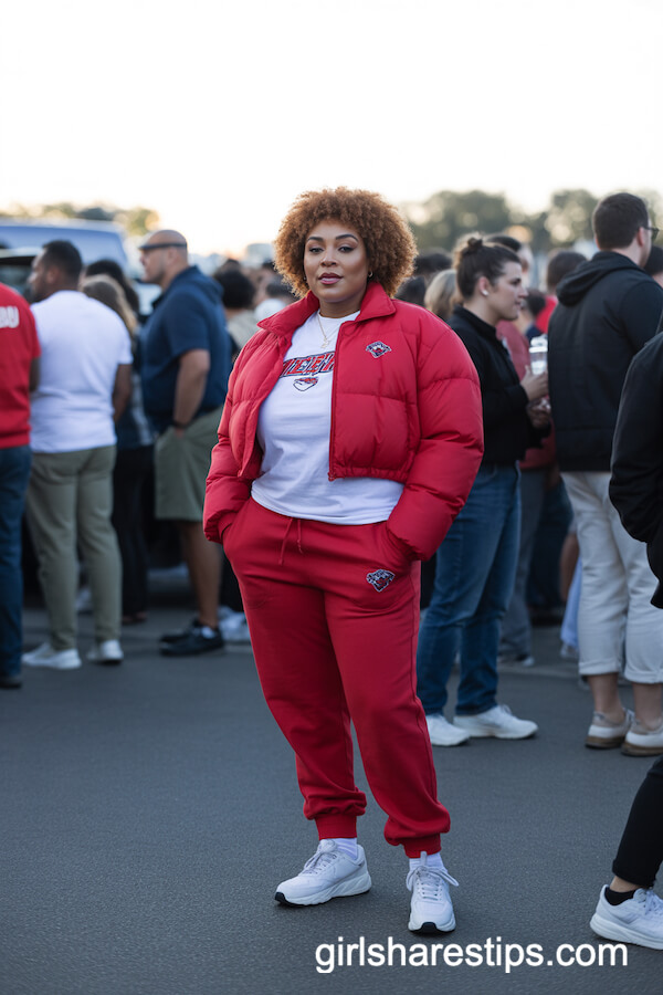 Red Cropped Puffer Jacket and Joggers
