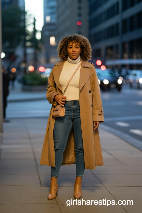 Camel Trench Coat with Cream Turtleneck