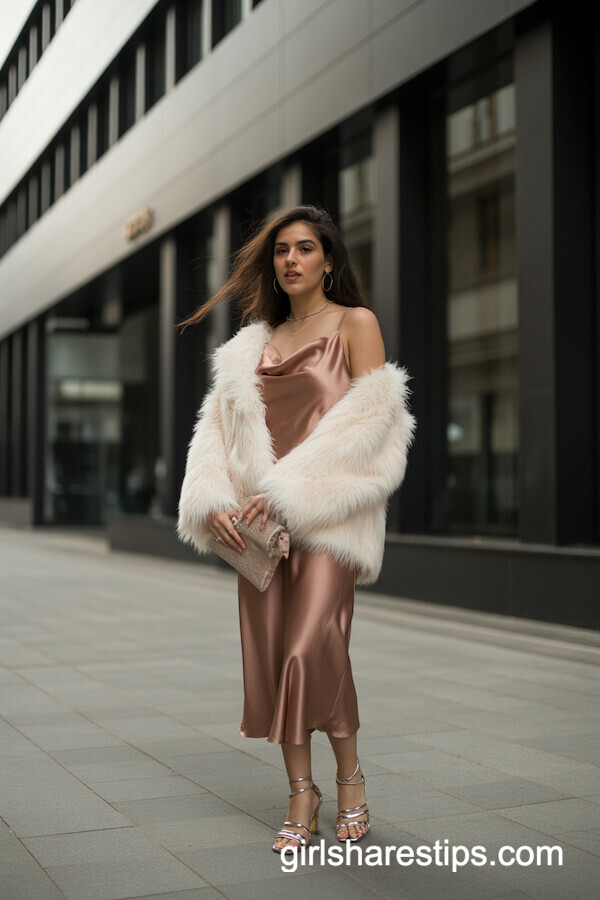 Copper Satin Slip Dress Fur Jacket