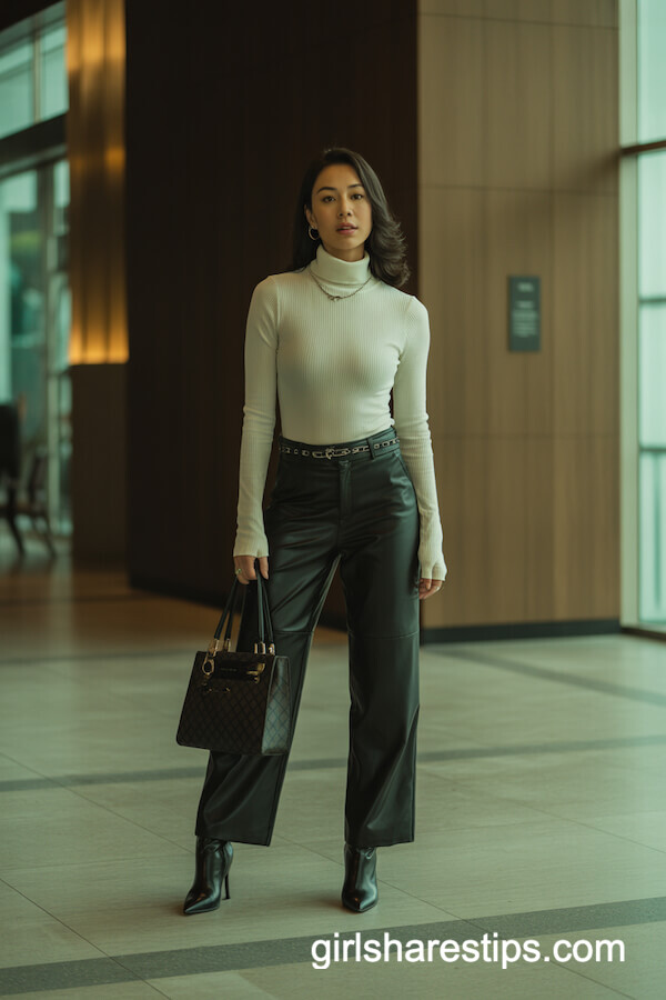 Fitted Turtleneck with Faux Leather Pants