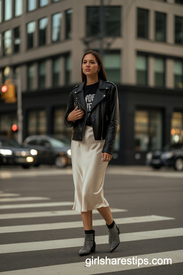 Moto Jacket with Silk Midi Skirt