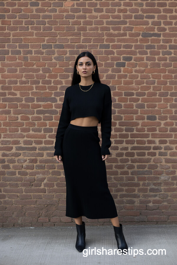 Black Knit Crop Sweater with Midi Skirt