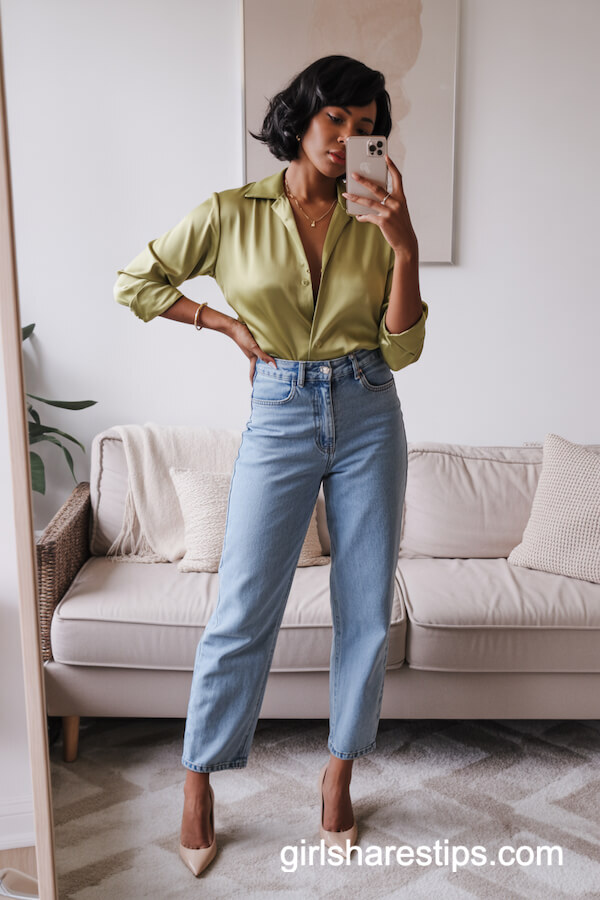 Chartreuse Satin Blouse Straight-Leg Jeans