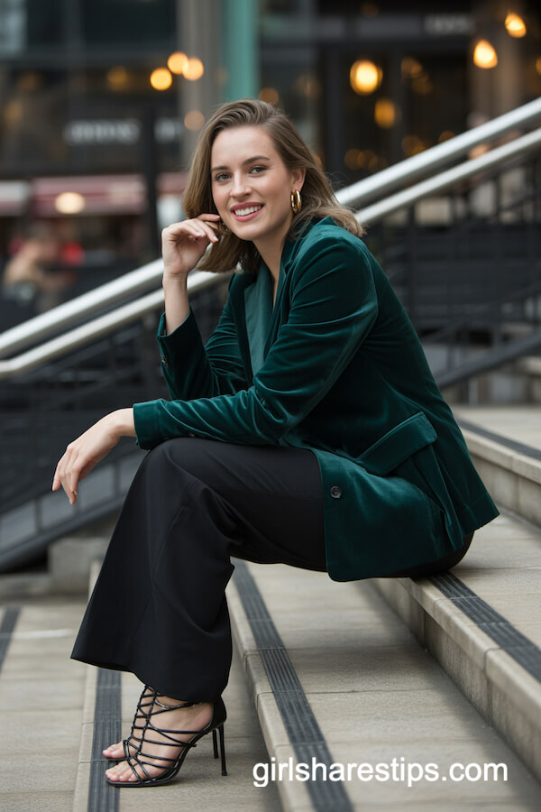 Emerald Velvet Blazer and Wide-Leg Pants