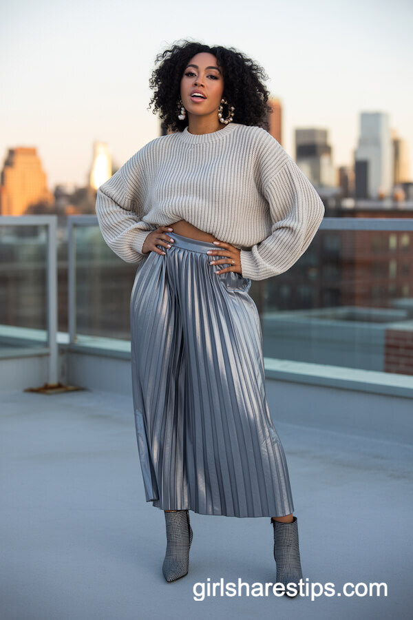 Silver Metallic Pleated Skirt with Chunky Sweater