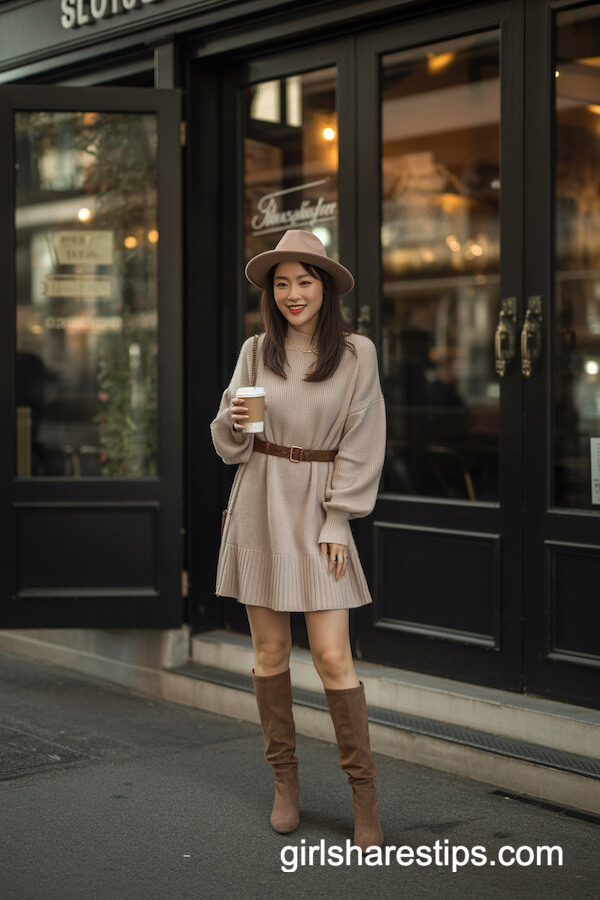 Beige Knit Sweater Dress with Belt