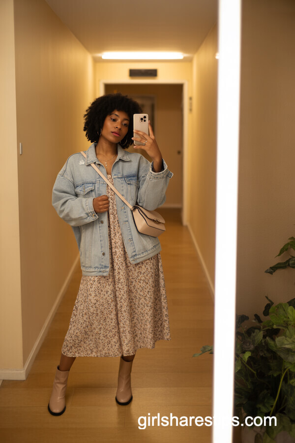 Denim Jacket over Floral Midi Dress