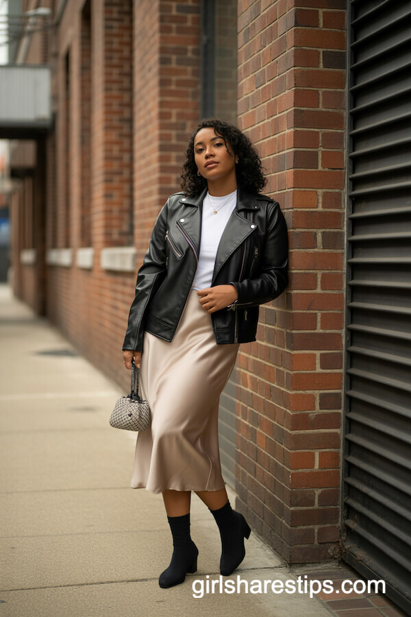 Black Leather Jacket with Satin Skirt