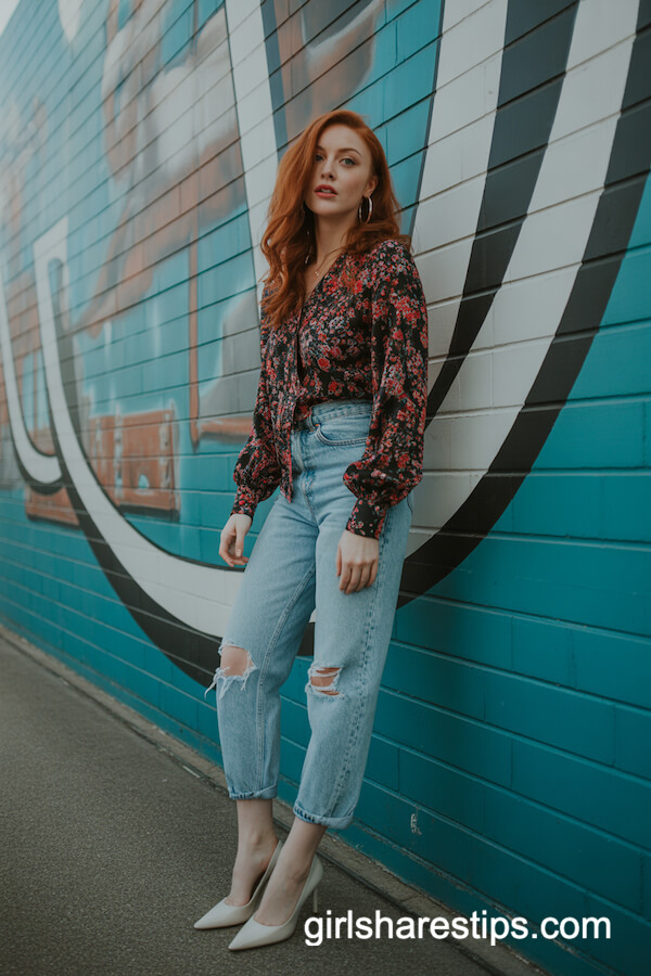Printed Blouse Distressed Jeans