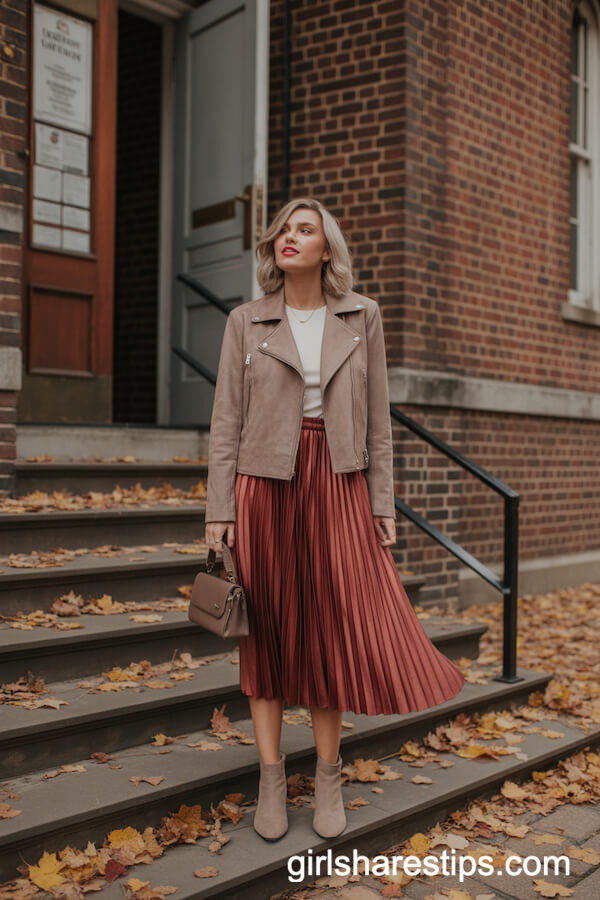 Flowy Printed Skirt with Denim Jacket and Chelsea Boots
