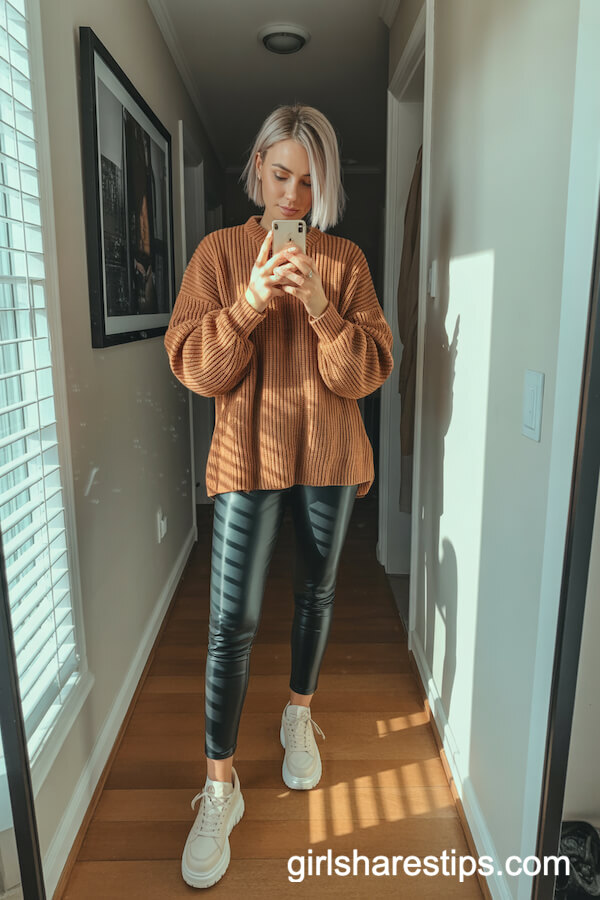 Burnt Orange Statement Sweater with Faux Leather Leggings