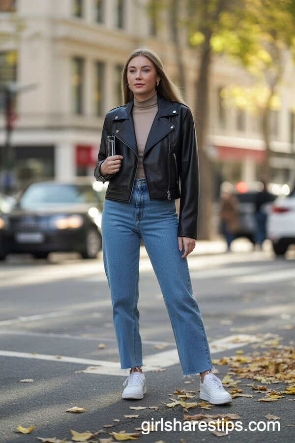 Black Turtleneck with Faux Leather Pants and Heeled Boots