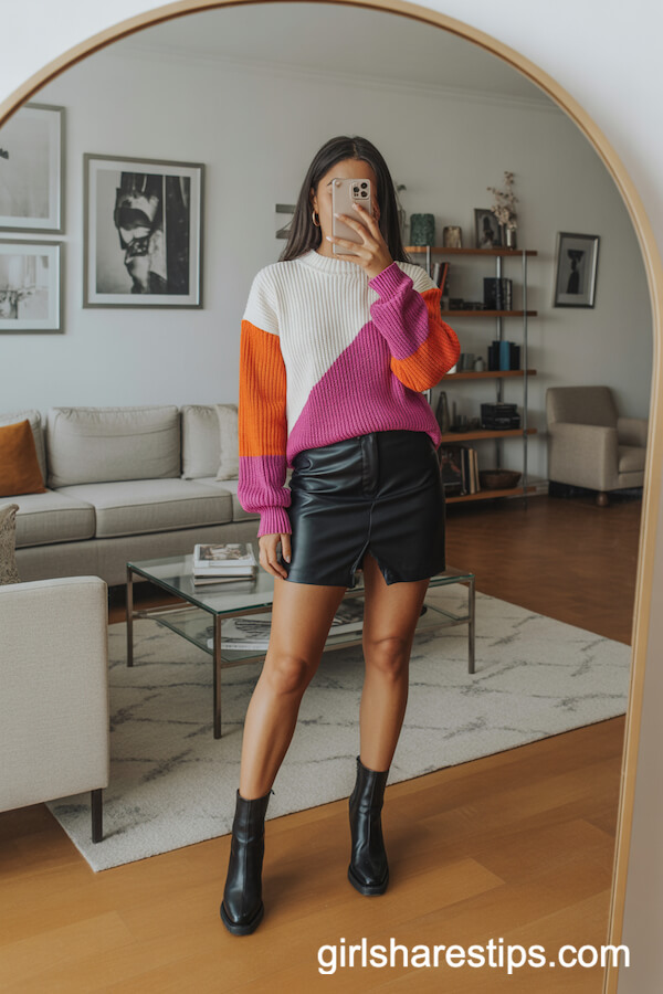 Chunky Knit Cardigan with Silk Slip Skirt and Mules