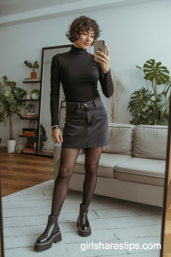 Denim Mini Skirt with Ribbed Turtleneck