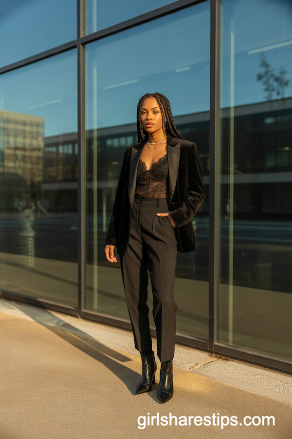 Velvet Blazer over Lace Camisole