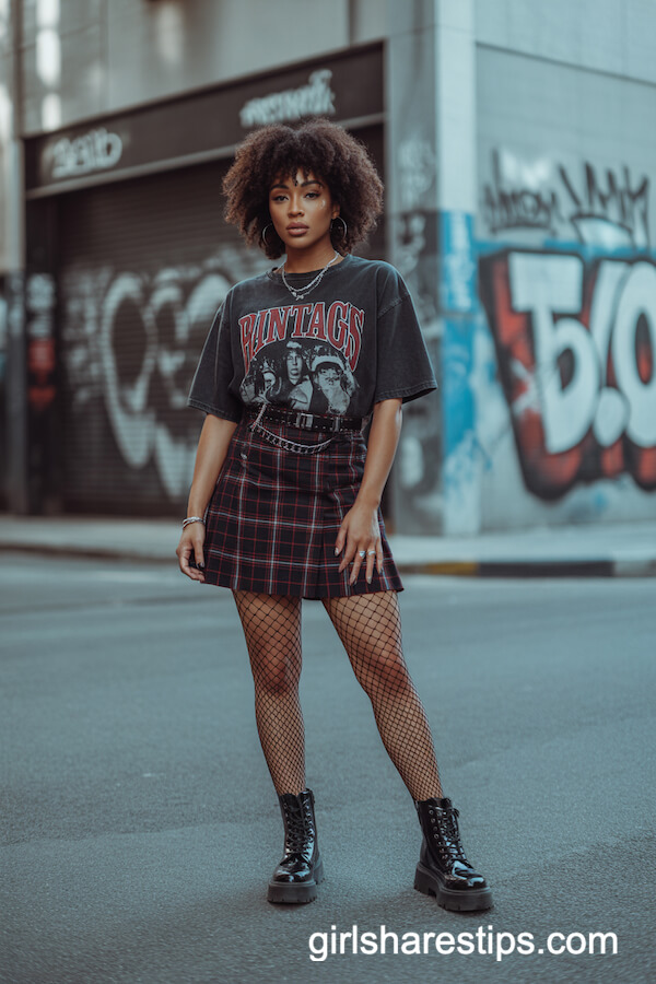 Plaid Mini Skirt and Band Tee