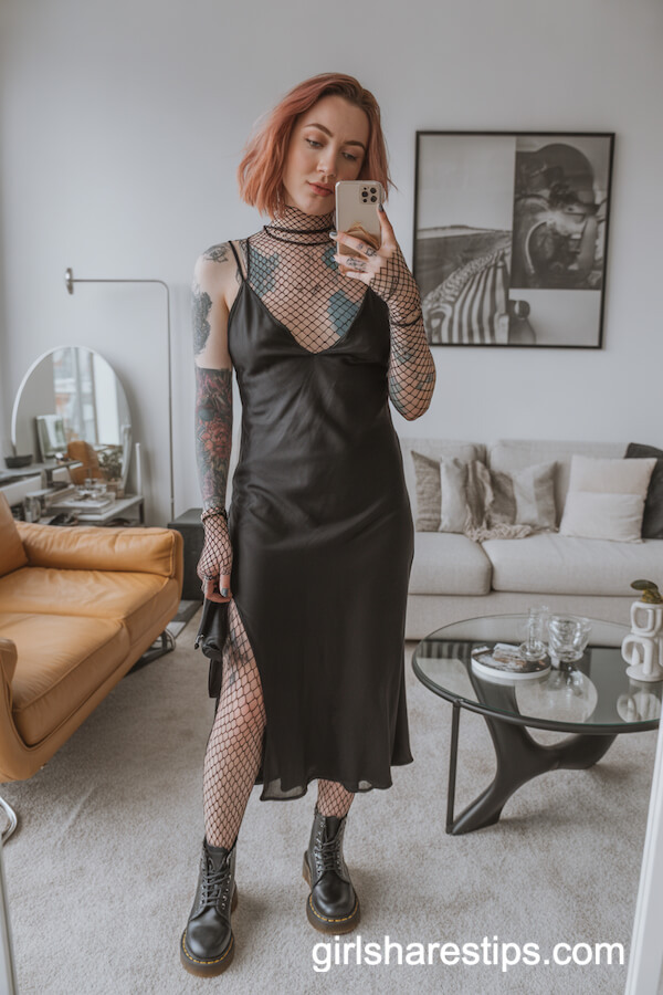 Slip Dress over Fishnet Turtleneck