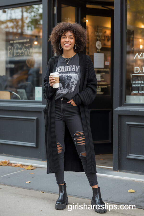 Knit Cardigan over Distressed Band Tee
