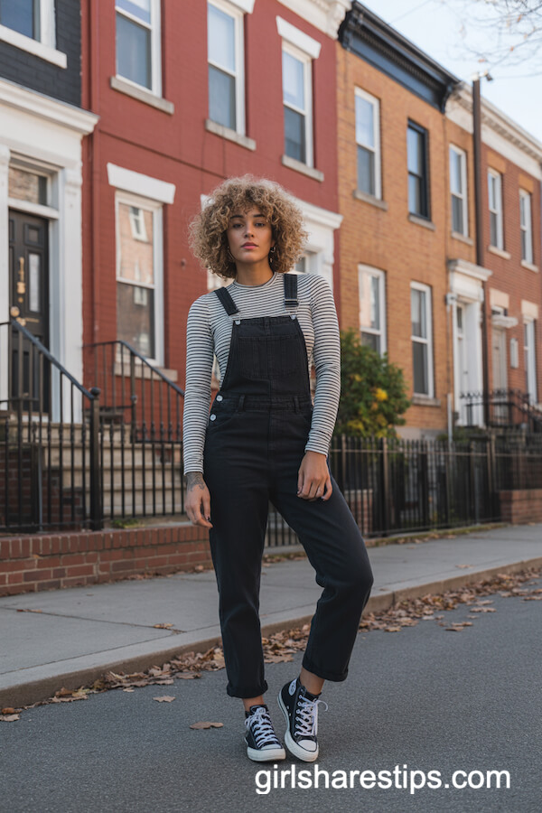 Black Denim Overalls with Striped Top